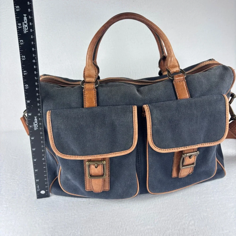 Y2K VTG Fossil Messenger Bag Navy Blue‎ Canvas Leather Laptop Satchel Academia